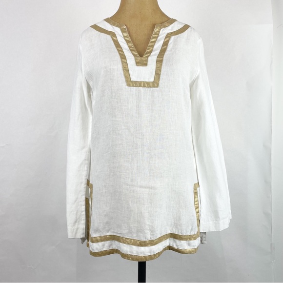 MICHAEL KORS COLLECTION White 100% Linen Tunic with Gold Metallic Trim Size 2 - Picture 3 of 10